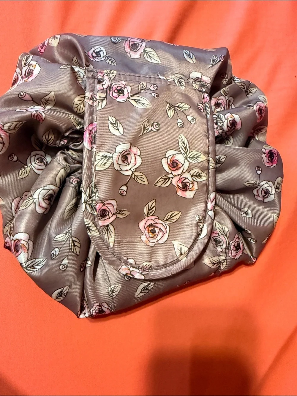 Floral Drawstring Satin Cosmetic Pouch - Pink Roses on Taupe